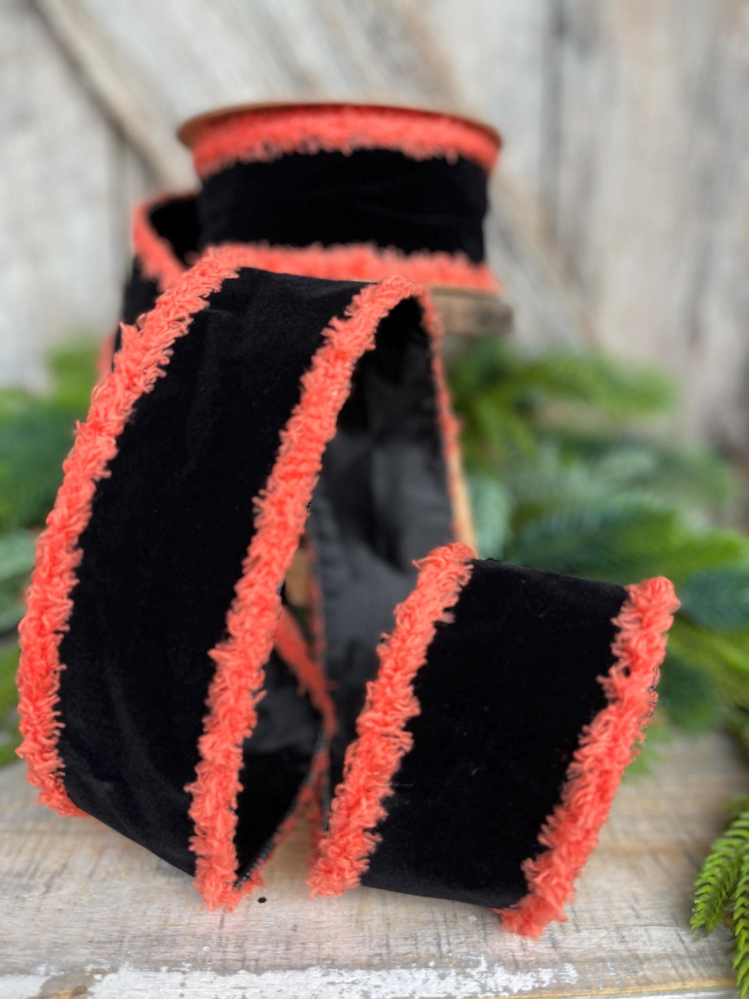 Black Velvet Halloween Ribbon: Orange Fuzzy Edge, Wired - 2.5"