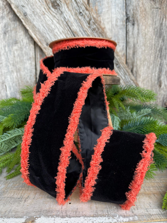 Black Velvet Halloween Ribbon: Orange Fuzzy Edge, Wired - 2.5"