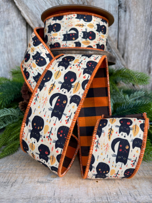 2.5" Black Cat Ribbon, Halloween Ribbon, Vintage Halloween Ribbon