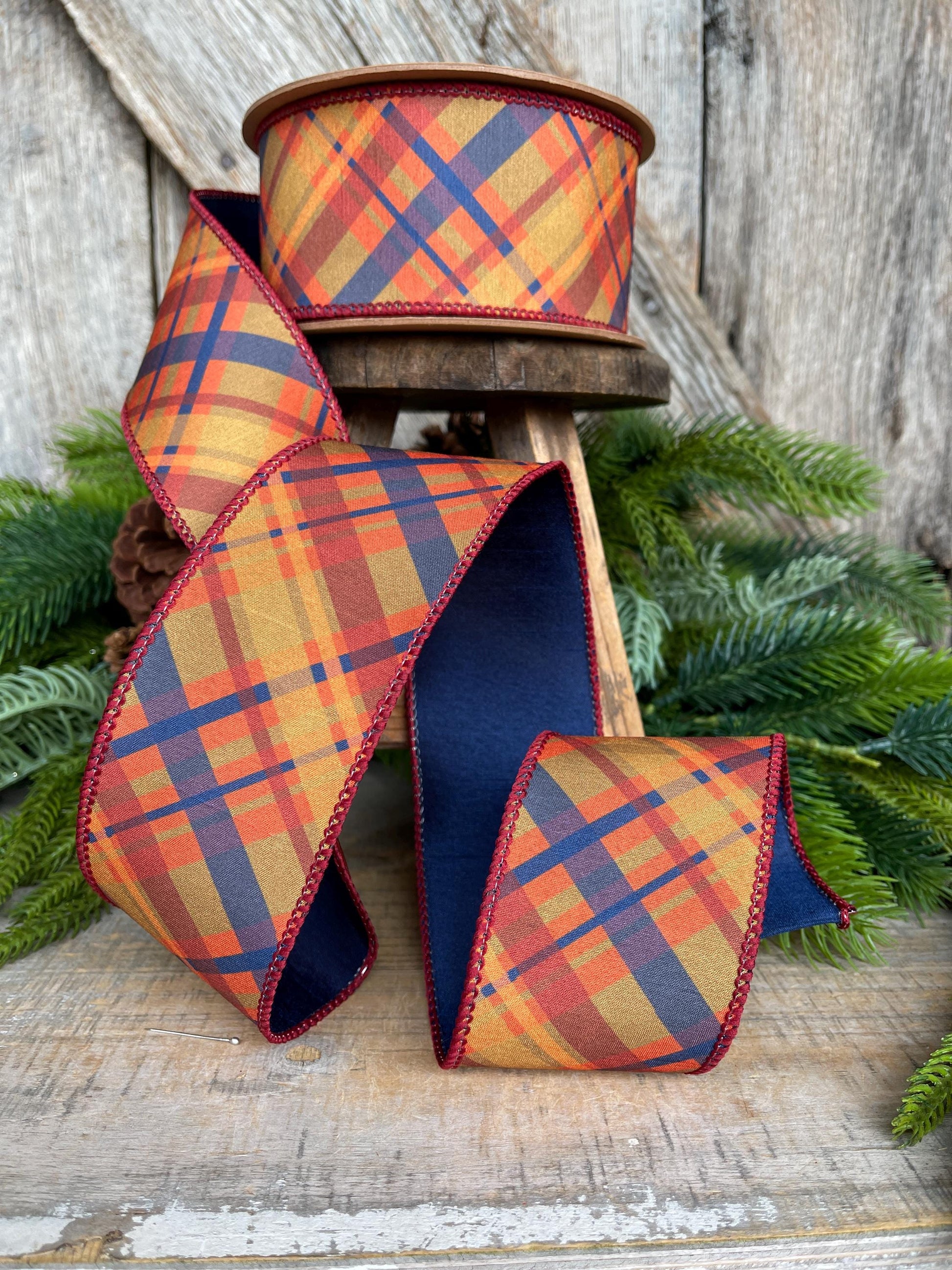 2.5" Fall Plaid Ribbon, Navy Blue Plaid ribbon, Fall Ribbon