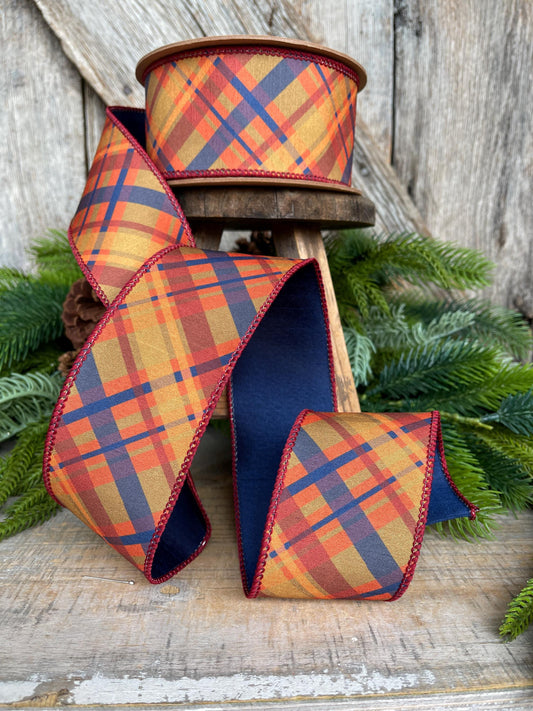 Fall Plaid Wired Ribbon 2.5": Navy Blue, Orange, Yellow