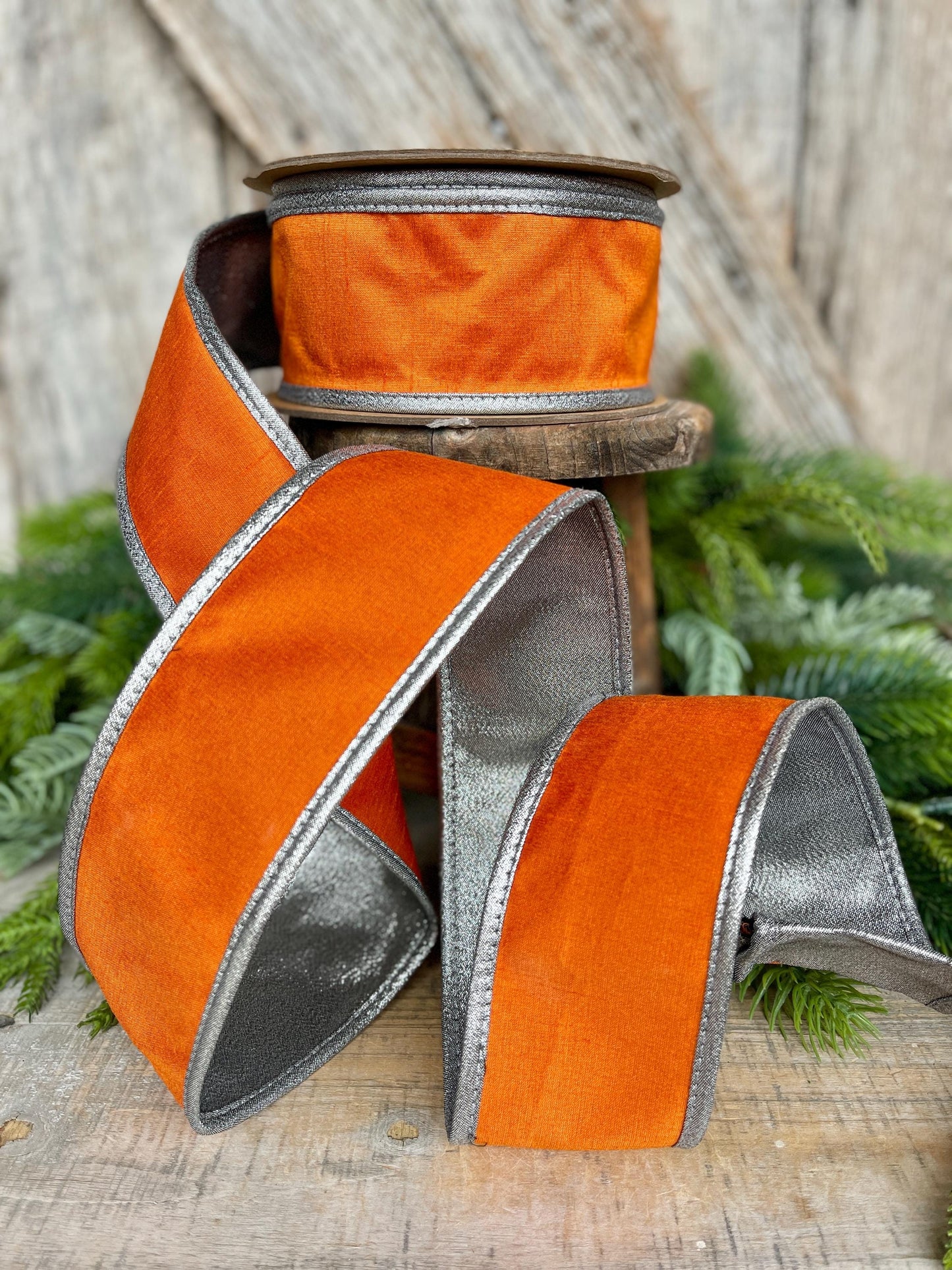 2.5" Orange Silver Ribbon, Halloween Ribbon, Orange with Silver Edging Ribbon, Wired RIbbon