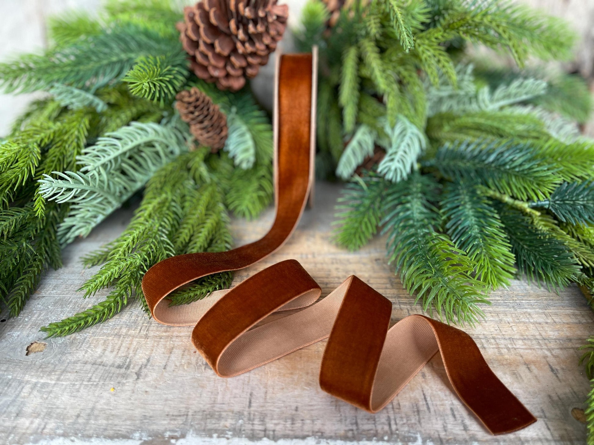 1” Pecan Brown Velvet Ribbon, Unwired Ribbon, Christmas ribbon, Brown Velvet Ribbon