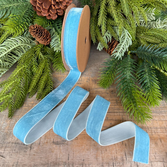 1” Light Blue Velvet Ribbon, Unwired Ribbon, Christmas ribbon, French Blue Velvet Ribbon, Sky Blue Velvet Ribbon