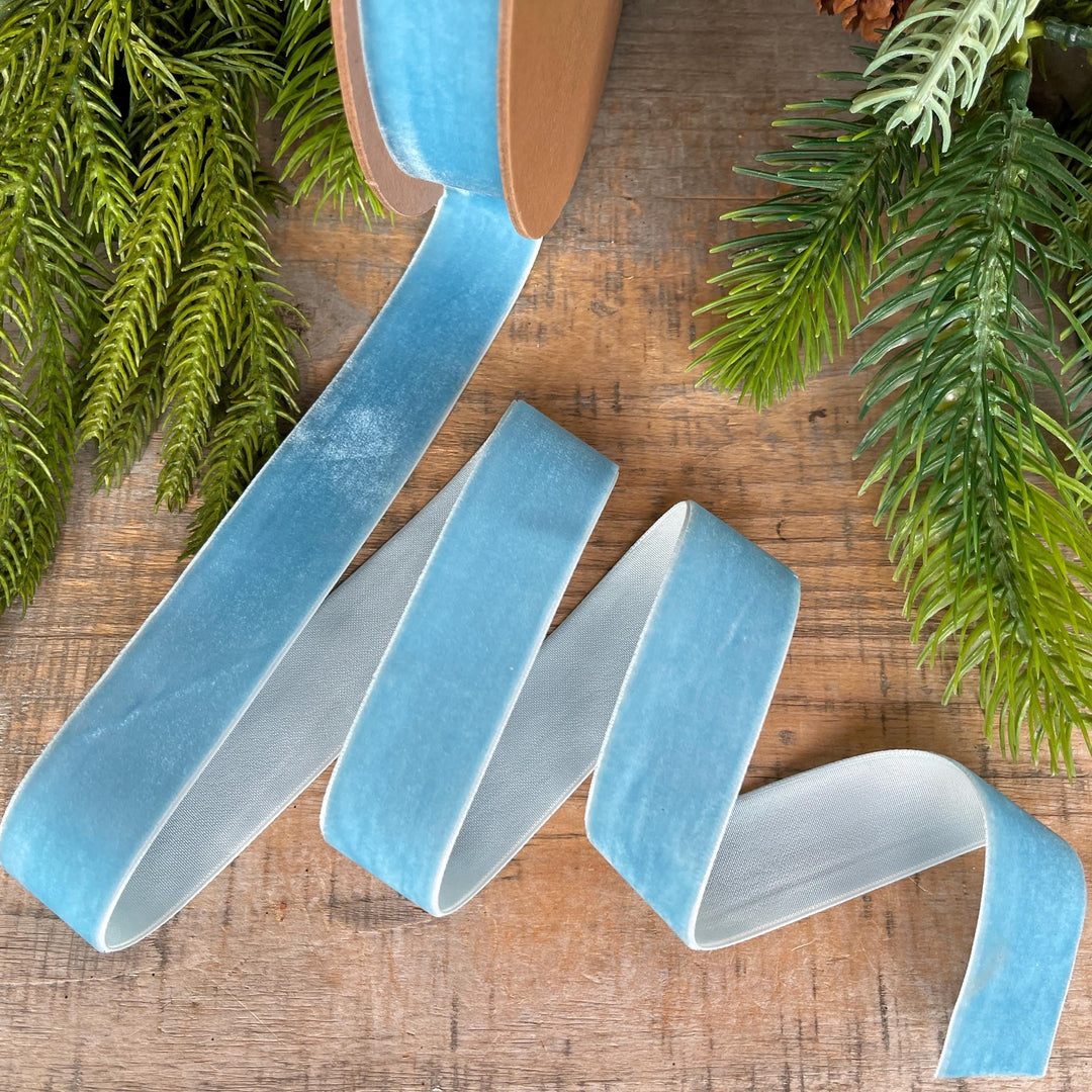 1” Light Blue Velvet Ribbon, Unwired Ribbon, Christmas ribbon