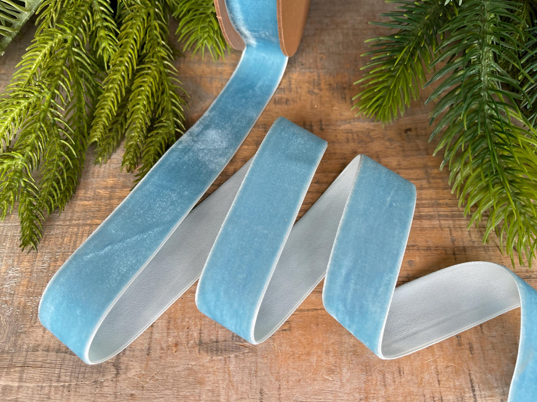 1” Light Blue Velvet Ribbon, Unwired Ribbon, Christmas ribbon