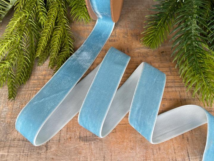 1” Light Blue Velvet Ribbon, Unwired Ribbon, Christmas ribbon