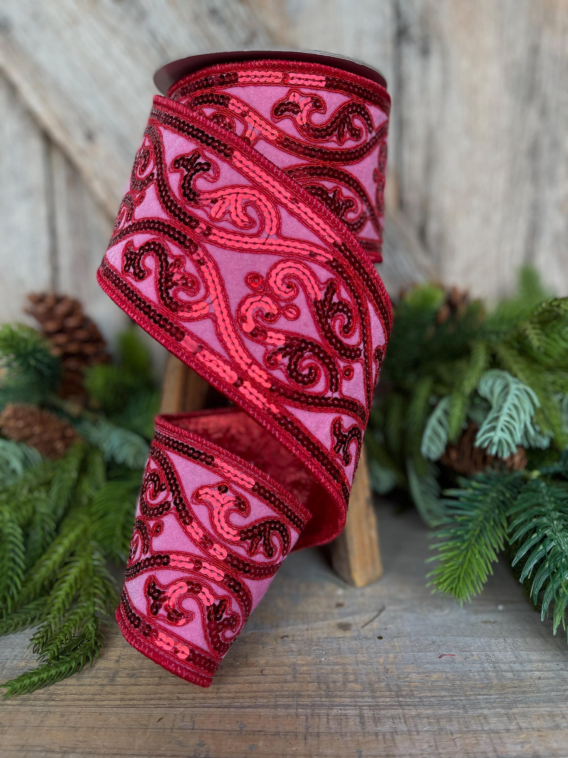 Hot Pink Sequin Ribbon: 4" Wired Christmas Tree Ribbon