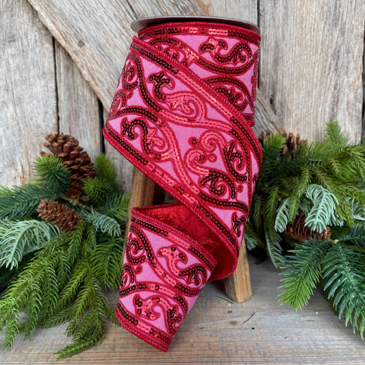Hot Pink Sequin Ribbon: 4" Wired Christmas Tree Ribbon