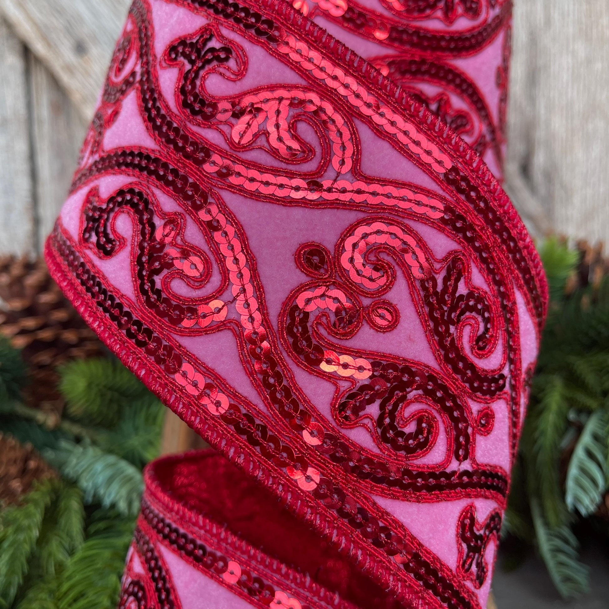 Hot Pink Sequin Ribbon: 4" Wired Christmas Tree Ribbon
