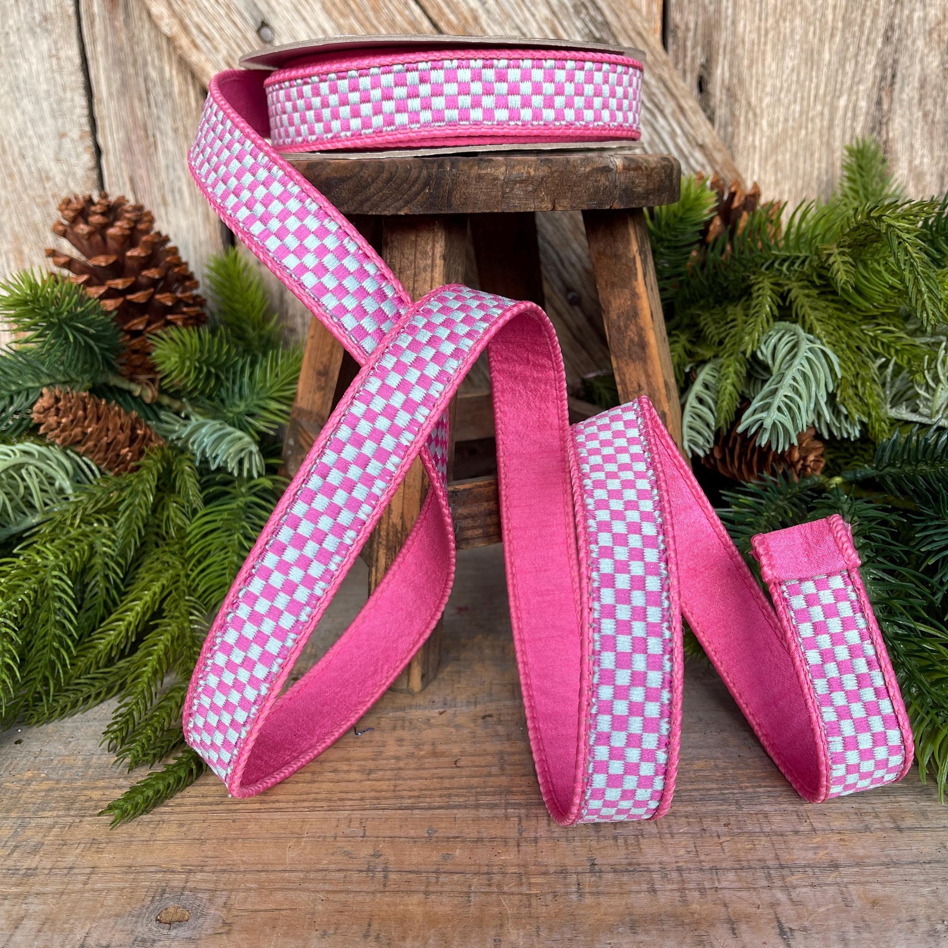 1" Pink Spearmint Check Ribbon, Farrisilk Ribbon, Kitschy Checks Ribbon, Pink Check Christmas Ribbon, RK848-14