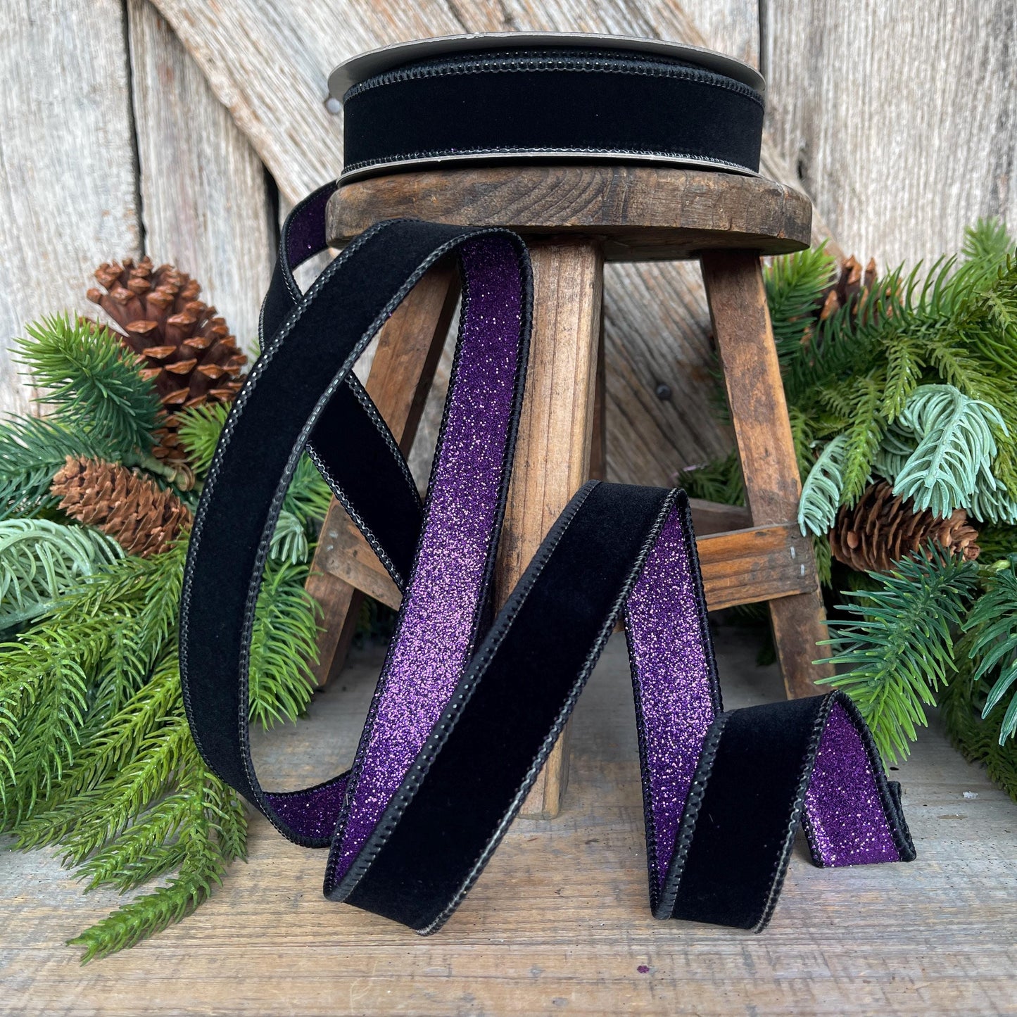 Black & Purple Fusion Ribbon: 1" Farrisilk Halloween Ribbon