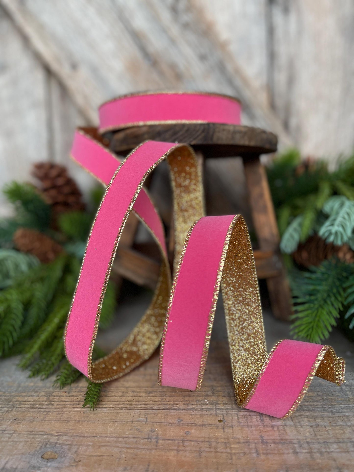 Bubblegum Pink & Gold Wired Ribbon: Farrisilk 1" Gold Gleam