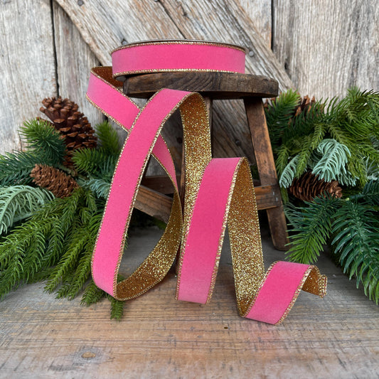 1" Bubblegum Pink & Gold Ribbon, Farrisilk Ribbon, Pink Gold Gleam Ribbon, RS203-74