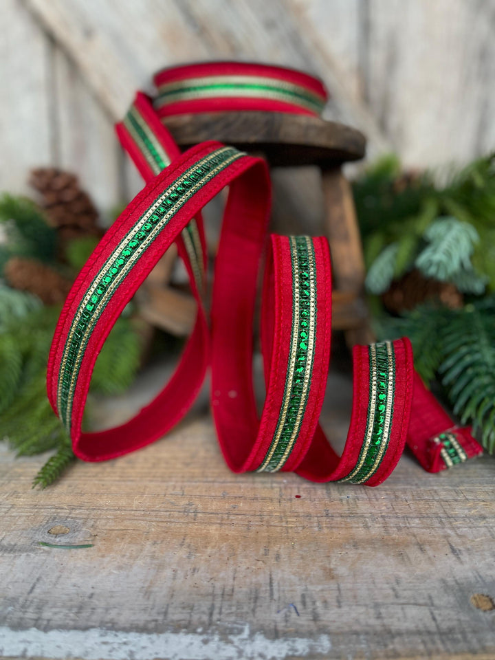 1" Red Green Twinkle Trim Ribbon, Farrisilk ribbon, Red Jeweled RIbbon