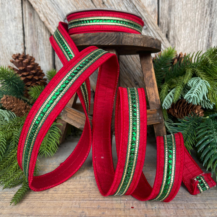 1" Red Green Twinkle Trim Ribbon, Farrisilk ribbon, Red Jeweled RIbbon