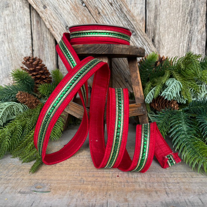 1" Red Green Twinkle Trim Ribbon, Farrisilk ribbon, Red Jeweled RIbbon