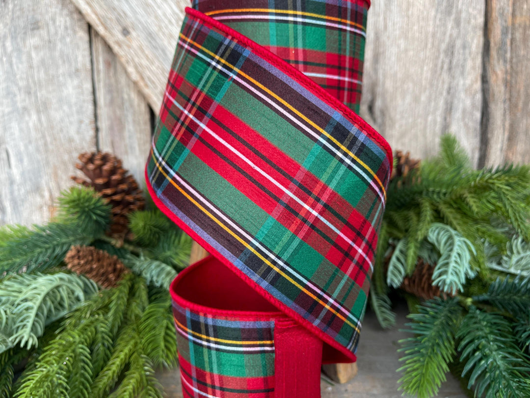 Christmas Plaid Wired Ribbon, Farrisilk Ribbon, Red