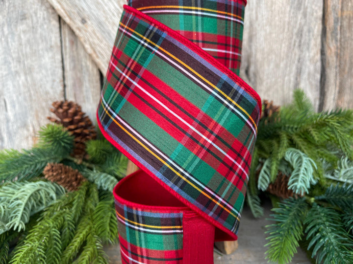 Christmas Plaid Wired Ribbon, Farrisilk Ribbon, Red