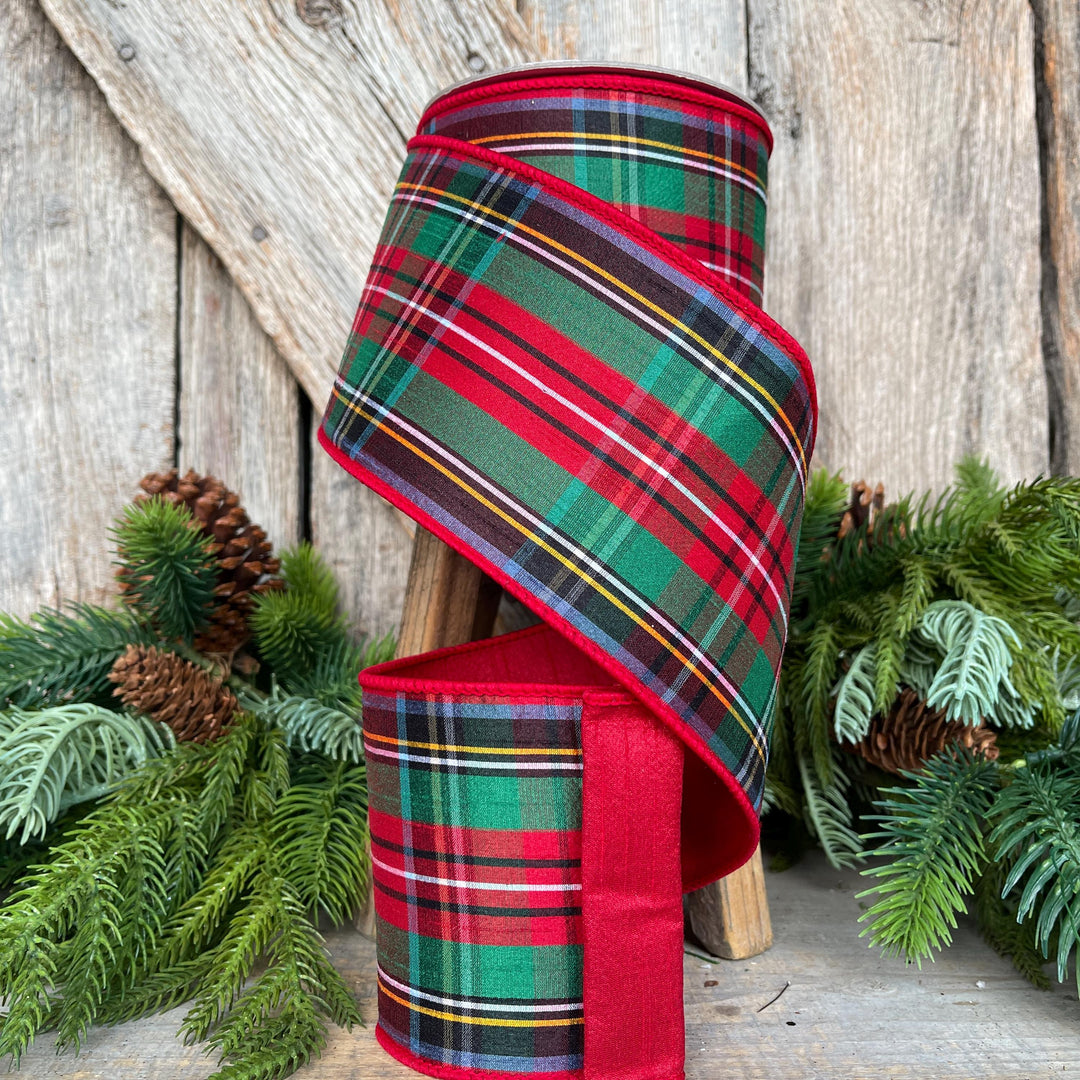 Christmas Plaid Wired Ribbon, Farrisilk Ribbon, Red