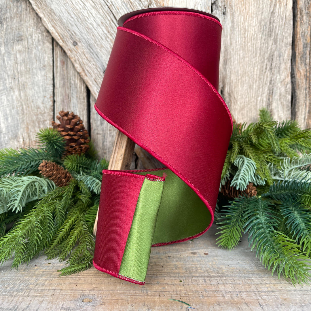 4" Ruby Green Satin Ribbon, Farrisilk Ribbon, Wired Ribbon
