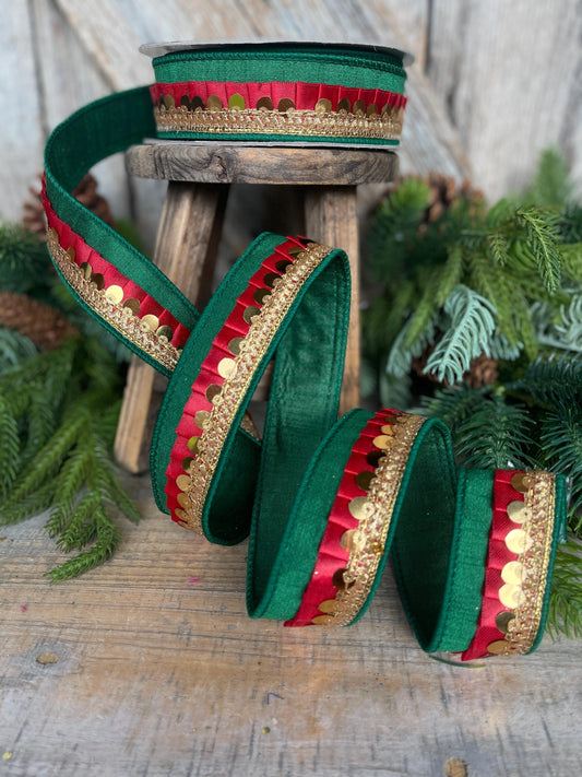 1" Green Red Festive Frills, Farrisilk RIbbon, Emerald Green Red Gold RIbbon, Christmas Ribbon, RK783-48