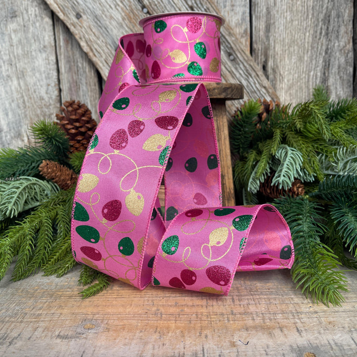 2.5" Pink Christmas Ribbon, Christmas Lights Ribbon, Bubblegum Pink Ribbon