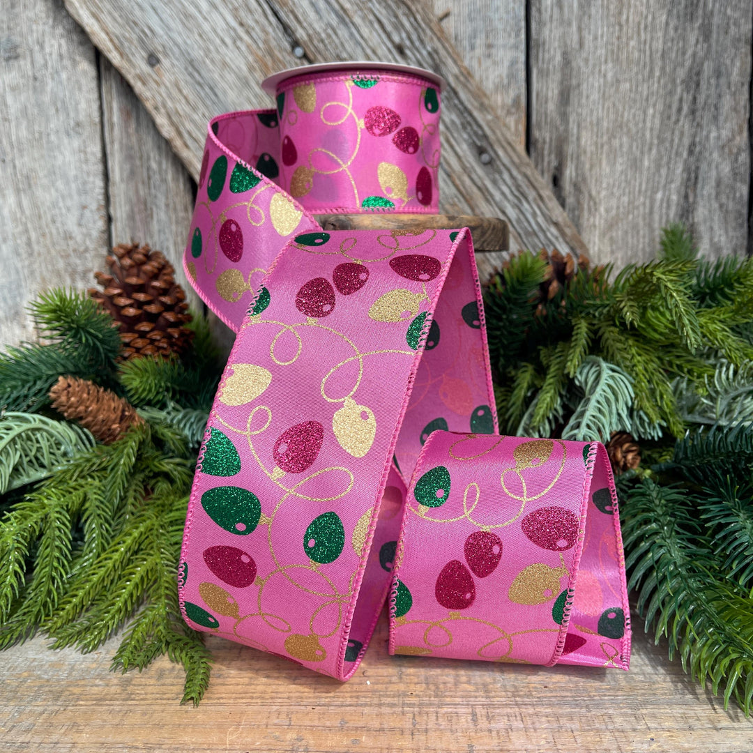 2.5" Pink Christmas Ribbon, Christmas Lights Ribbon, Bubblegum Pink Ribbon