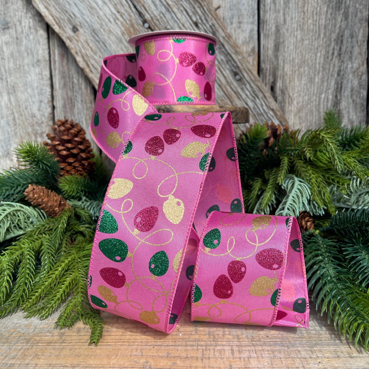 2.5" Pink Christmas Ribbon, Christmas Lights Ribbon, Bubblegum Pink Ribbon