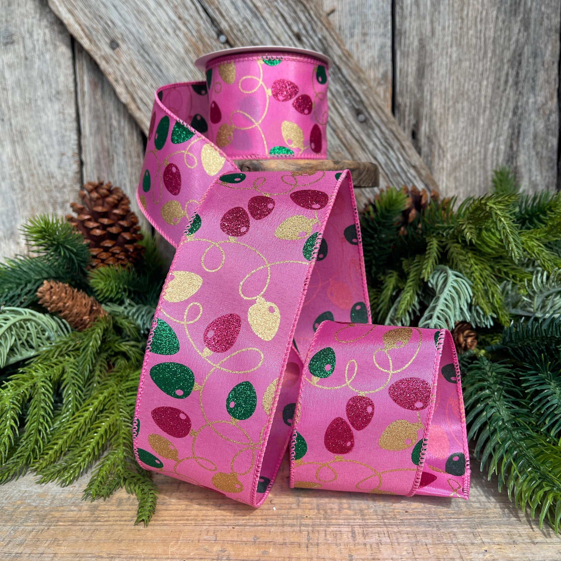 2.5" Pink Christmas Ribbon, Christmas Lights Ribbon, Bubblegum Pink Ribbon