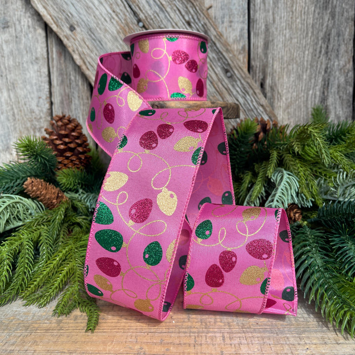 2.5" Pink Christmas Ribbon, Christmas Lights Ribbon, Bubblegum Pink Ribbon