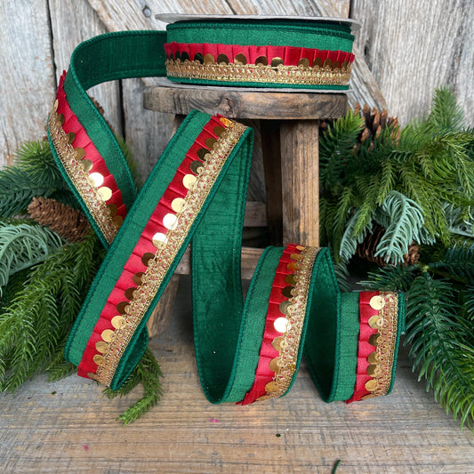 1" Green Red Festive Frills, Farrisilk RIbbon, Emerald Green Red Gold RIbbon