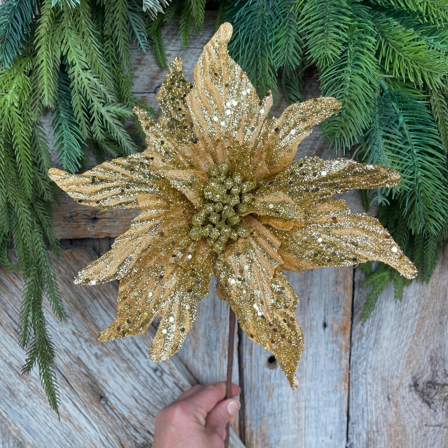 16" Gold Poinsettia Stem, Christmas Tree Stem, Gold Christmas Tree Flower, Seasonal Decor, Gold Christmas Flower