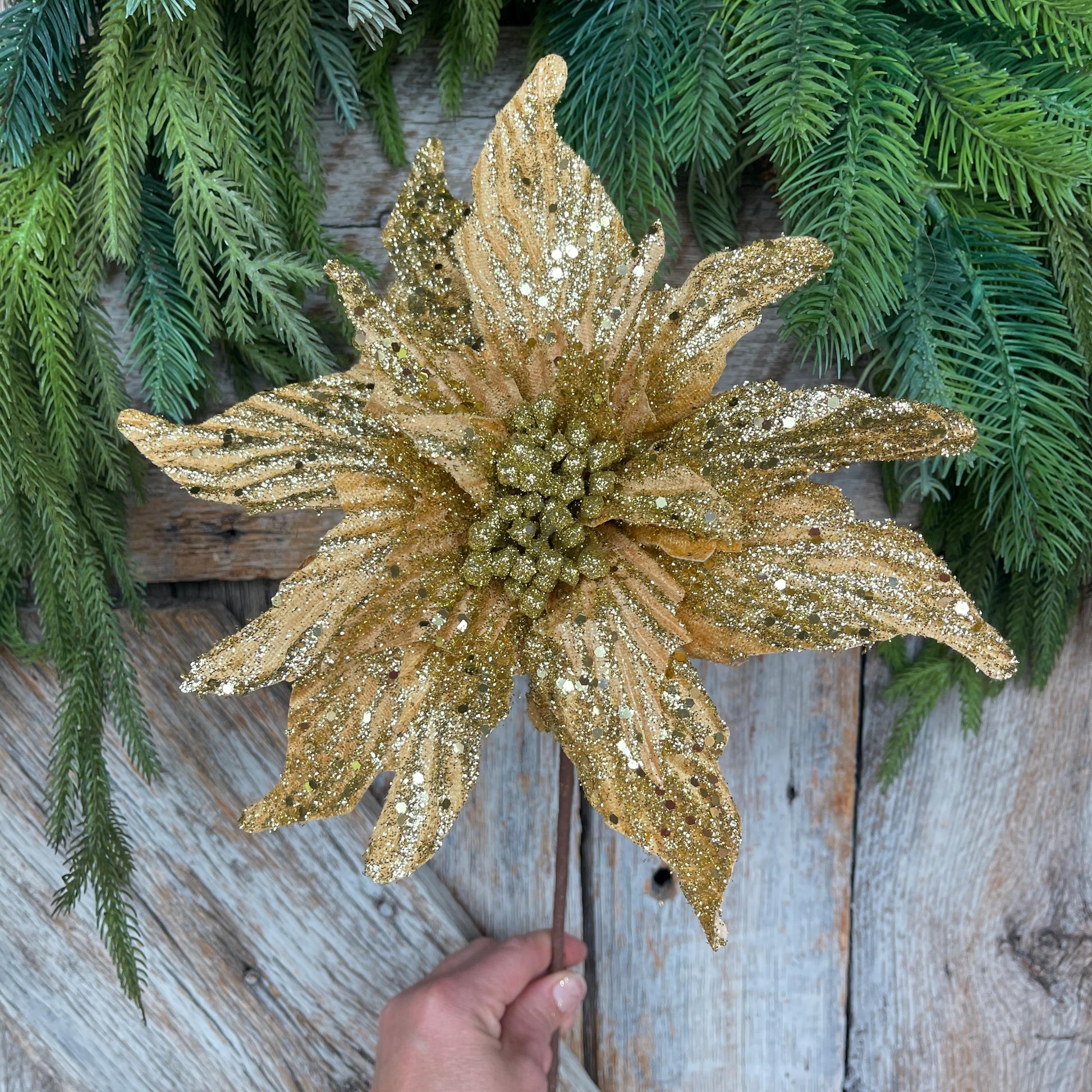 16" Gold Poinsettia Stem, Christmas Tree Stem, Gold Christmas Tree Flower, Seasonal Decor, Gold Christmas Flower