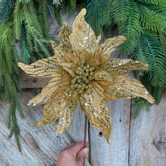 16" Gold Poinsettia Stem, Christmas Tree Stem, Gold Christmas Tree Flower, Seasonal Decor, Gold Christmas Flower