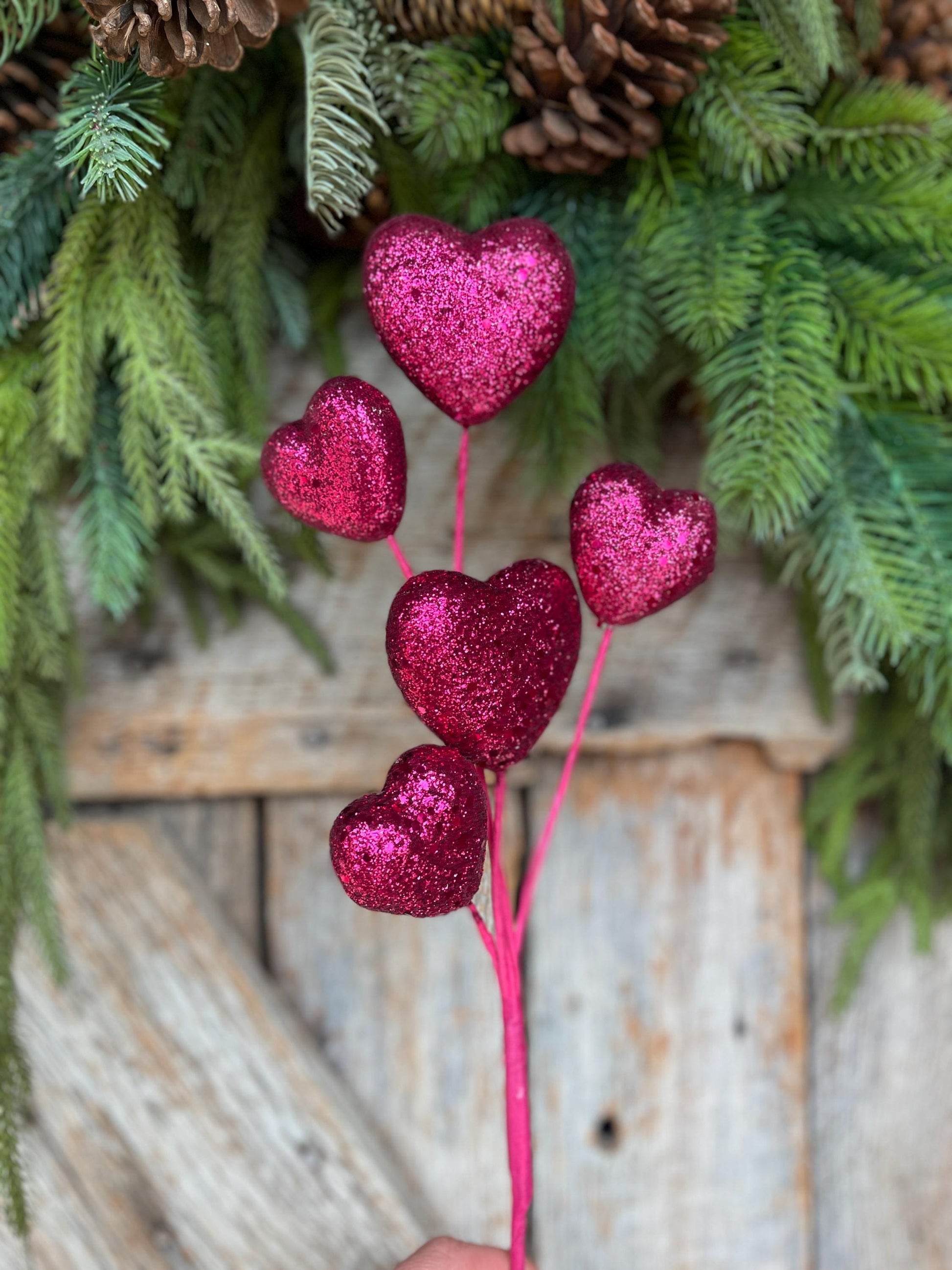 19" Hot Pink Heart Spray, Valentine's Heart Stem, Valentine Spray, Valentine Heart Pick, Wreath Supply, Craft Supply, Vase Filler