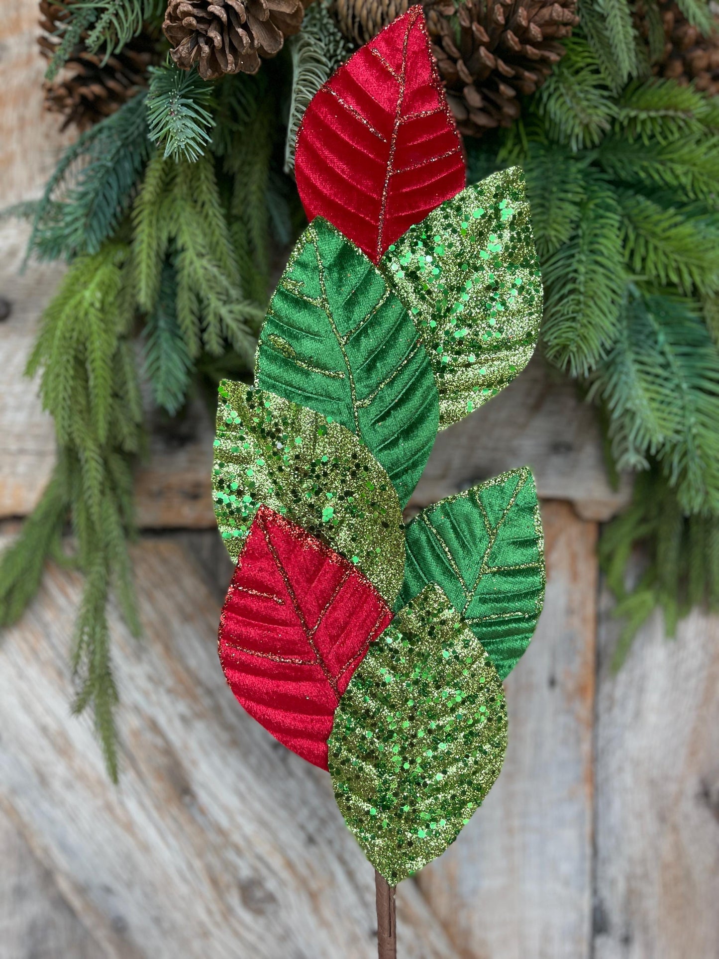 27" Red Green Velvet Leaf Spray, Christmas Spray, Christmas Tree Spray, Christmas Tree Topper
