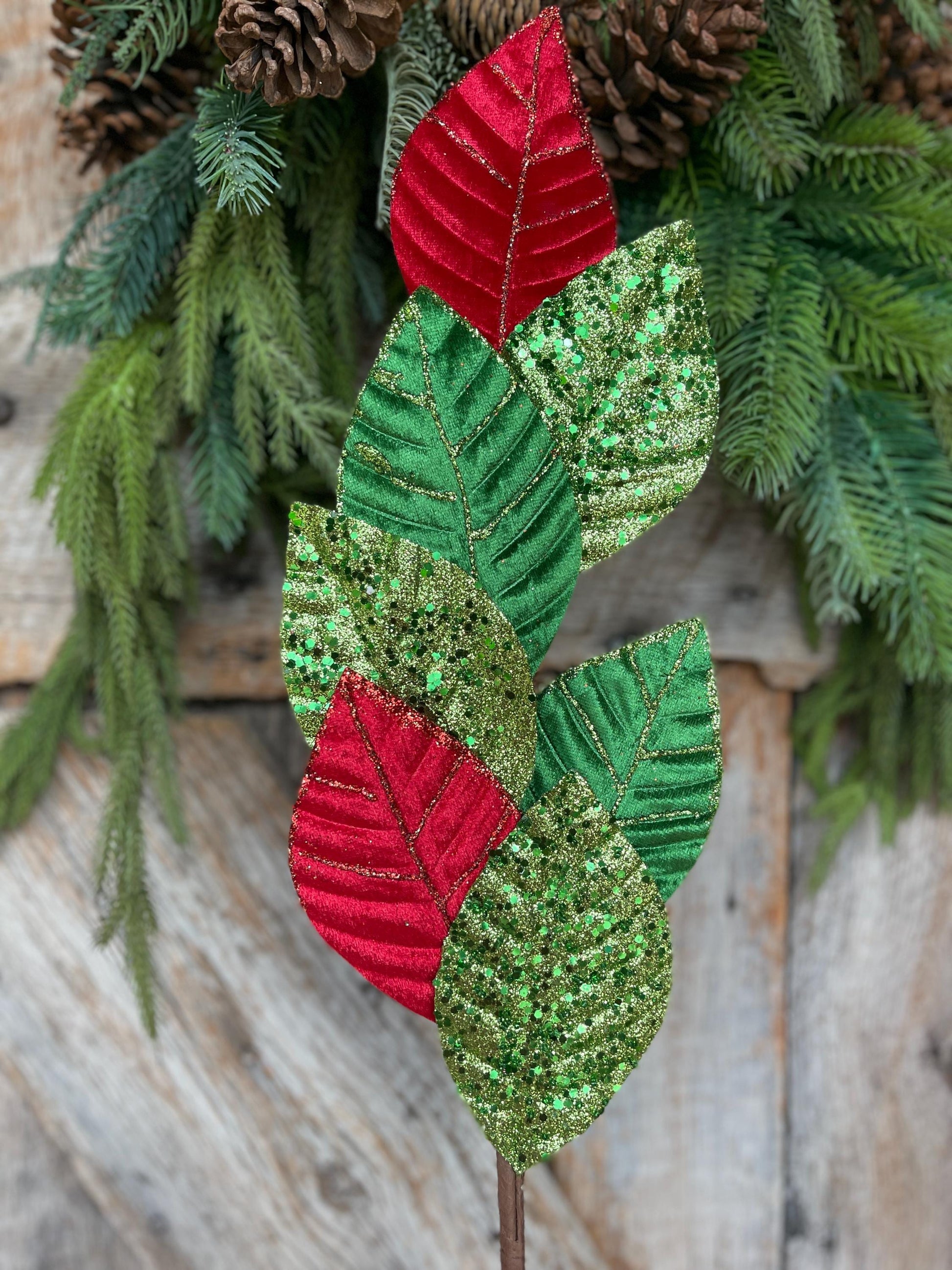 27" Red Green Velvet Leaf Spray, Christmas Spray, Christmas Tree Spray, Christmas Tree Topper