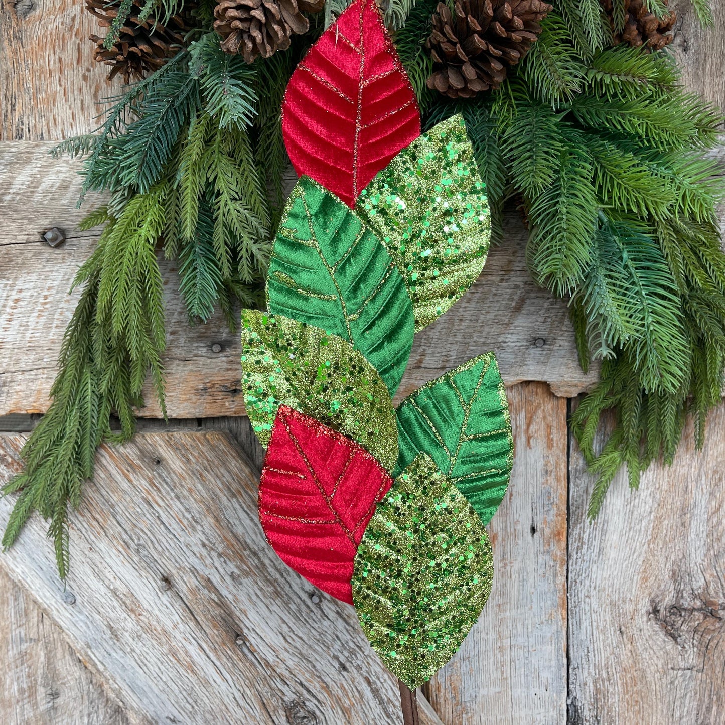 27" Red Green Velvet Leaf Spray, Christmas Spray, Christmas Tree Spray, Christmas Tree Topper