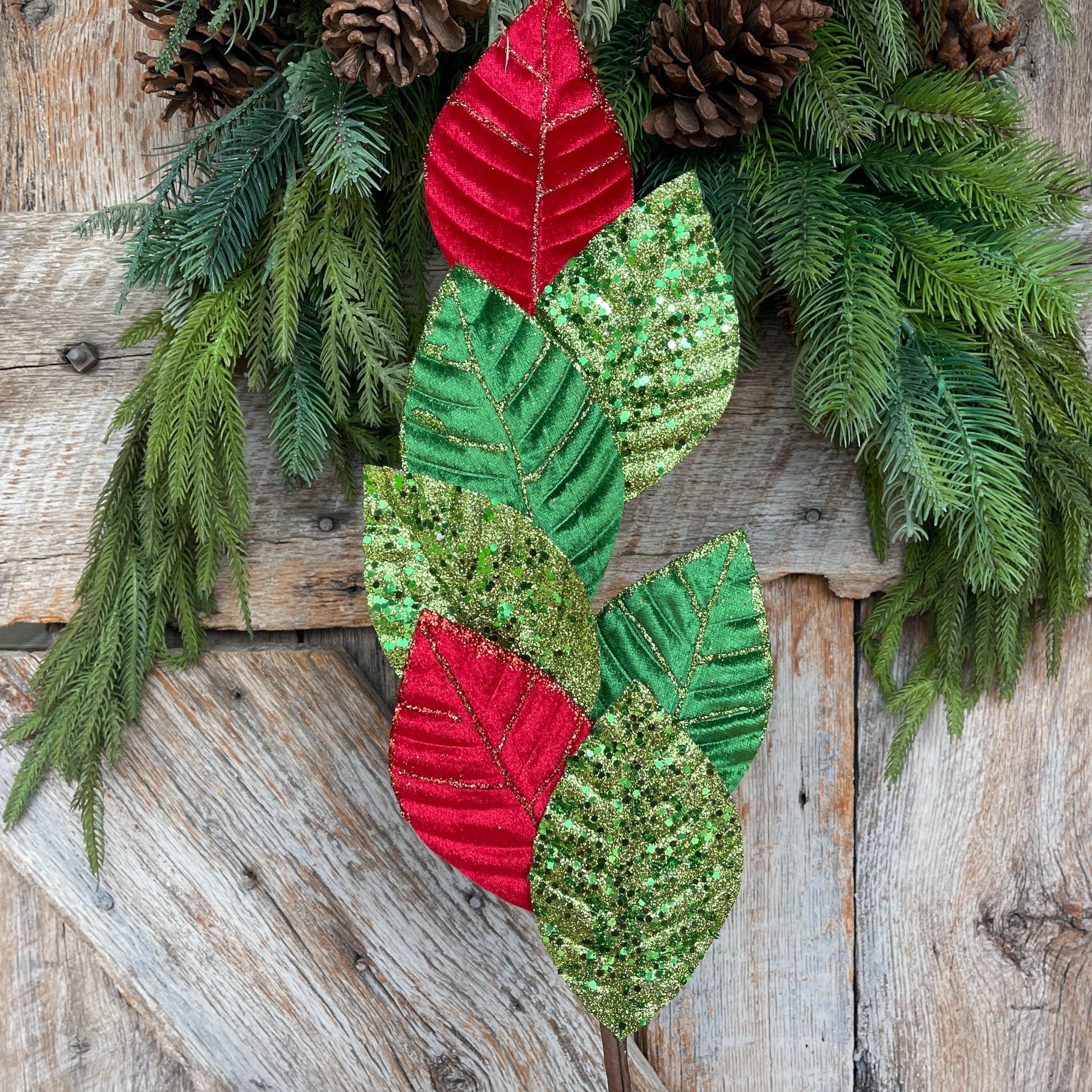 27" Red Green Velvet Leaf Spray, Christmas Spray, Christmas Tree Spray, Christmas Tree Topper