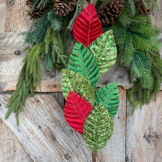 27" Red Green Velvet Leaf Spray, Christmas Spray, Christmas Tree Spray, Christmas Tree Topper