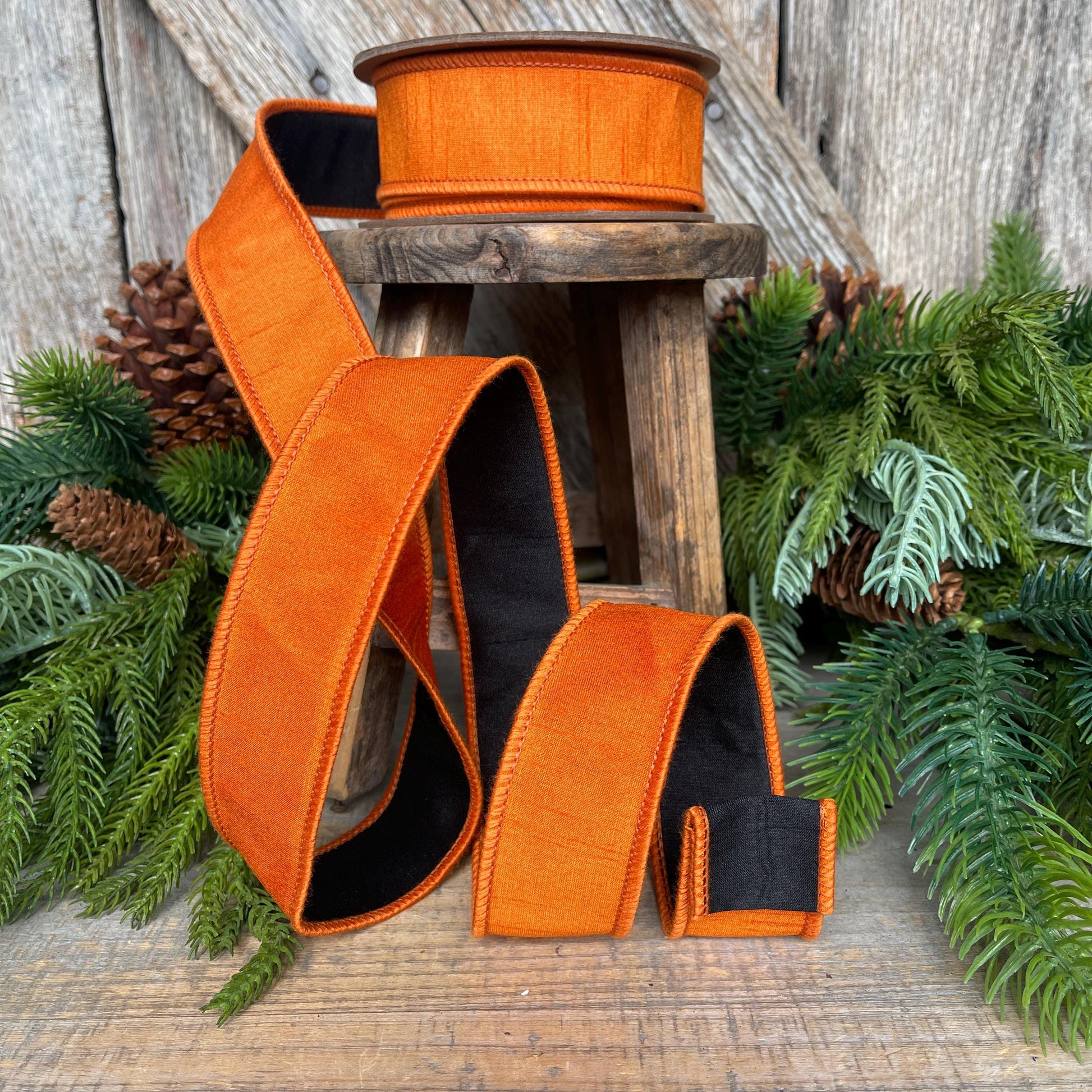 1.5" Orange Black Ribbon, Halloween Ribbon, Wired Ribbon, Designer RIbbon, Double Sided Ribbon, Dupion