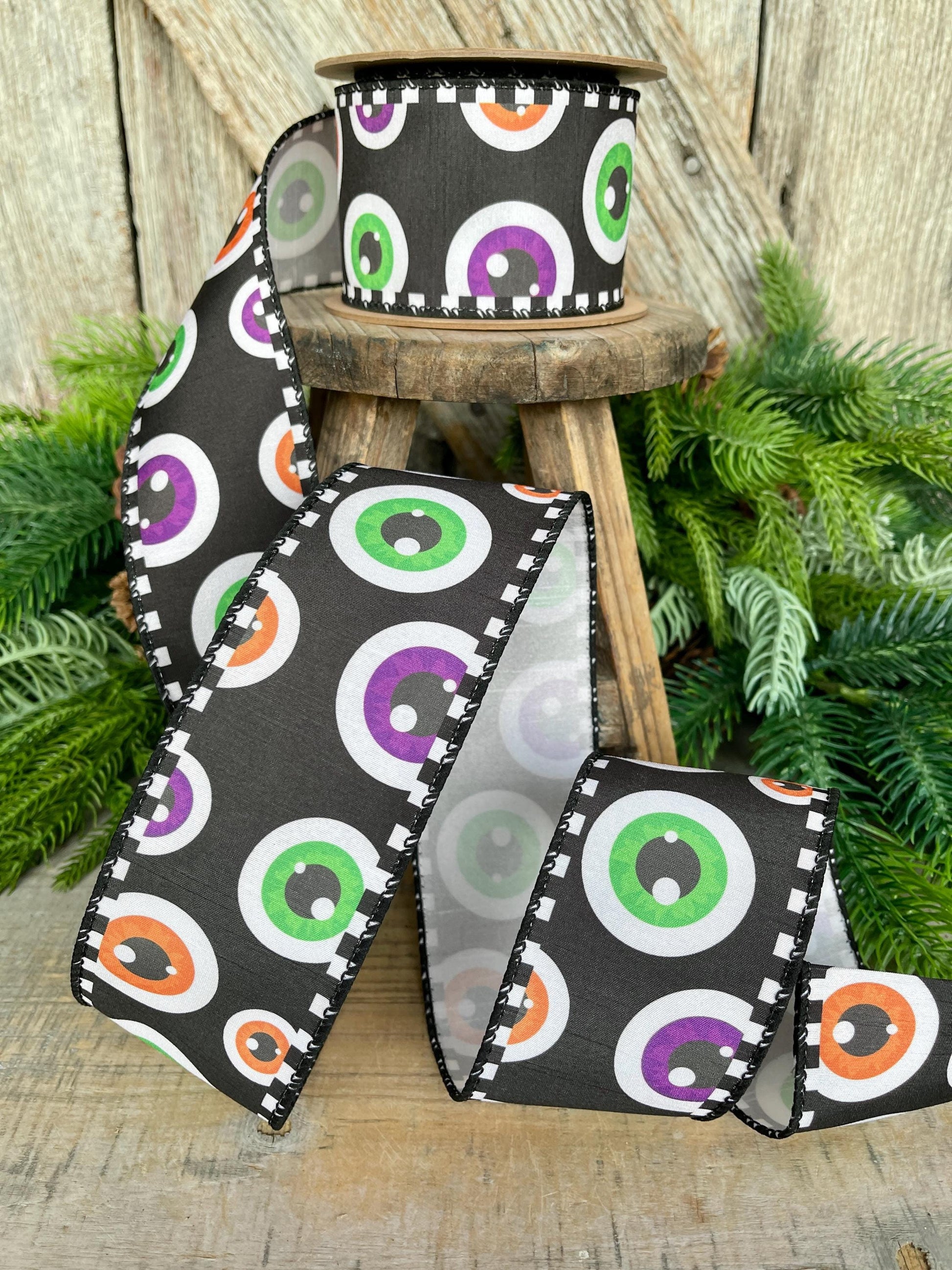 2.5" Eyeball Ribbon, Halloween Ribbon, Wired Ribbon, Spooky Ribbon, Wired Ribbon