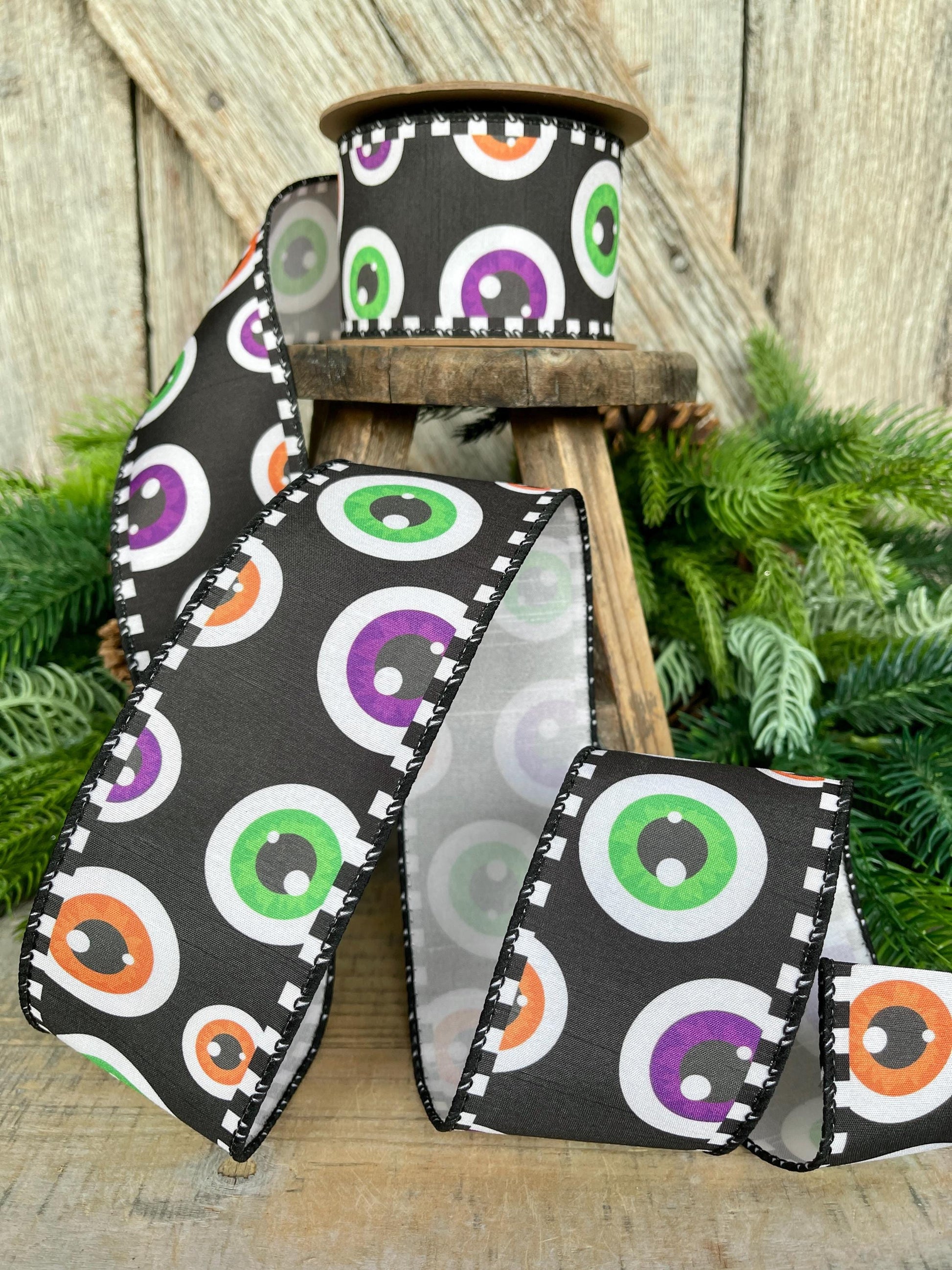 2.5" Eyeball Ribbon, Halloween Ribbon, Wired Ribbon, Spooky Ribbon, Wired Ribbon