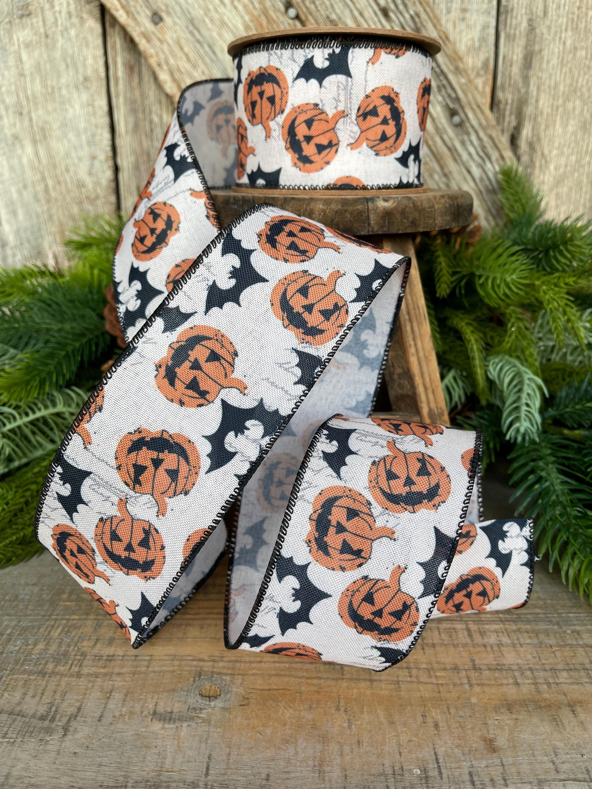 2.5" Halloween Ribbon, Jack o Lantern Ribbon, Pumpkin Ribbon, Wired Ribbon, Designer Ribbon