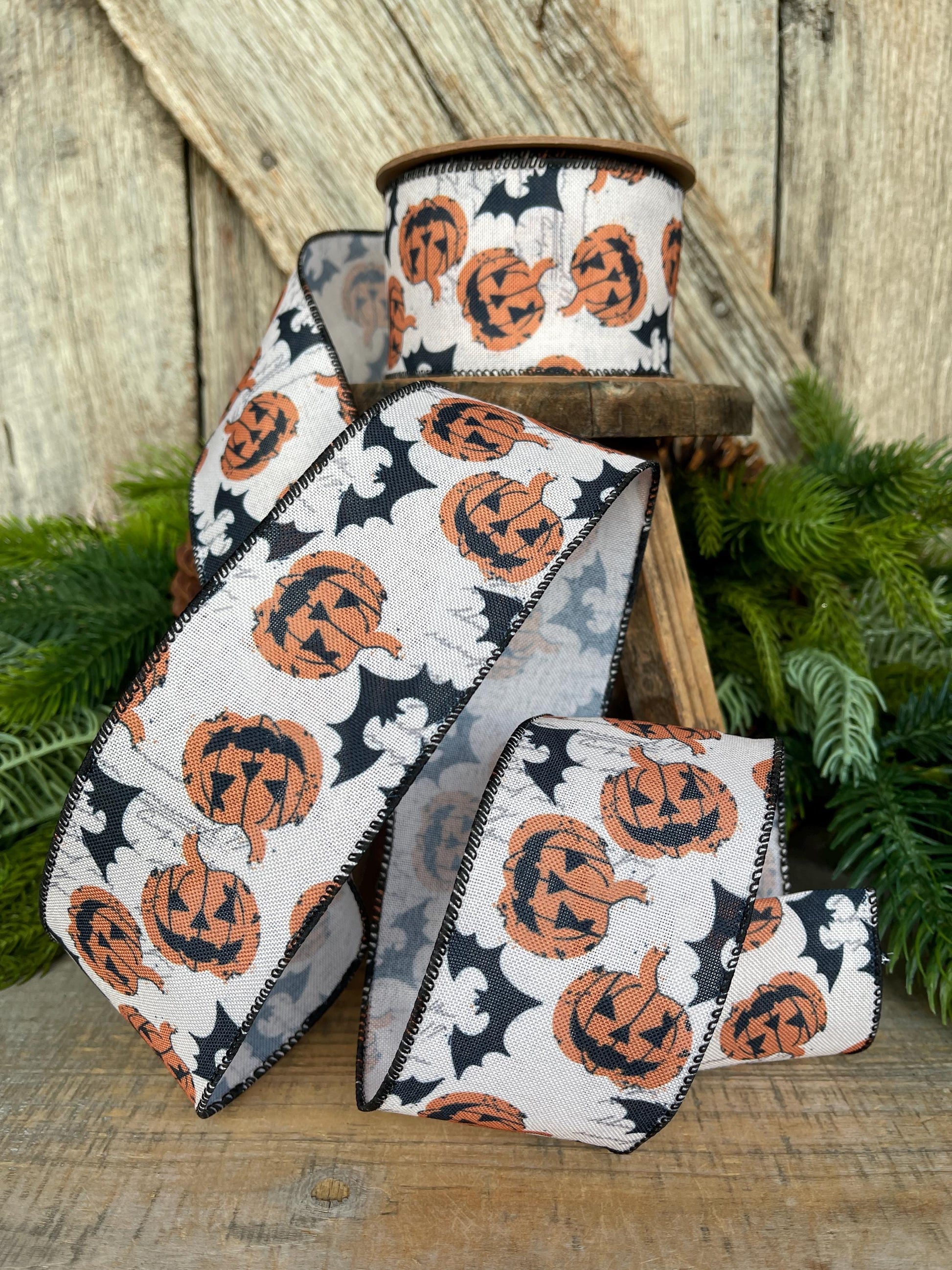 2.5" Halloween Ribbon, Jack o Lantern Ribbon, Pumpkin Ribbon, Wired Ribbon, Designer Ribbon