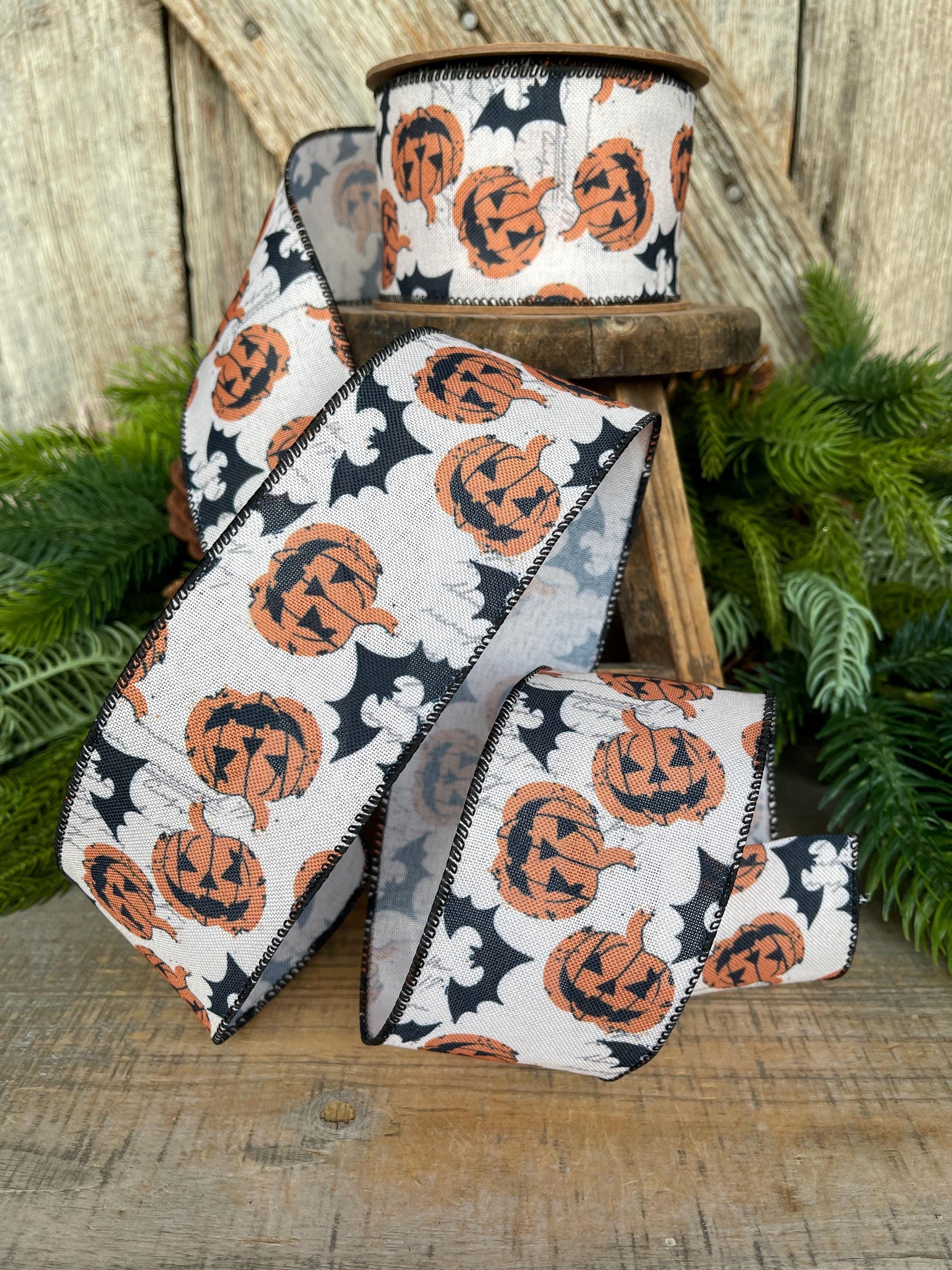 2.5" Halloween Ribbon, Jack o Lantern Ribbon, Pumpkin Ribbon, Wired Ribbon, Designer Ribbon
