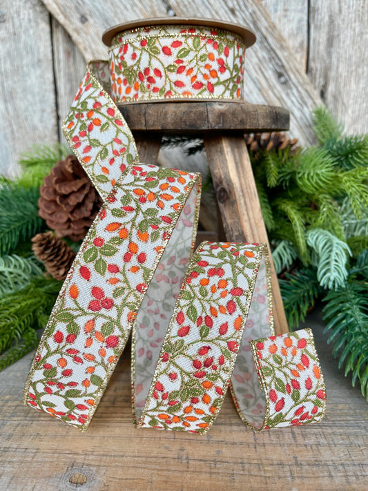 1.5" Fall Berry Ribbon, Fall Ribbon, Wired Ribbon, Orange Berry Ribbon, Autumn Ribbon