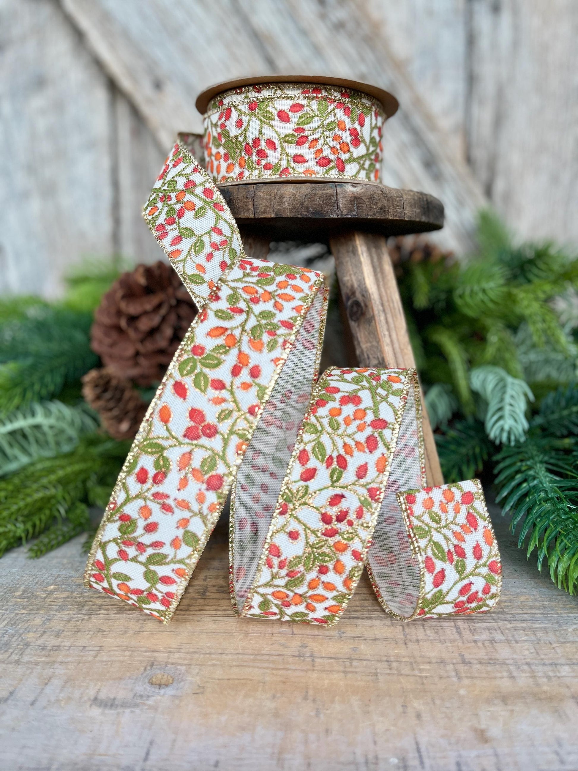 1.5" Fall Berry Ribbon, Fall Ribbon, Wired Ribbon, Orange Berry Ribbon, Autumn Ribbon