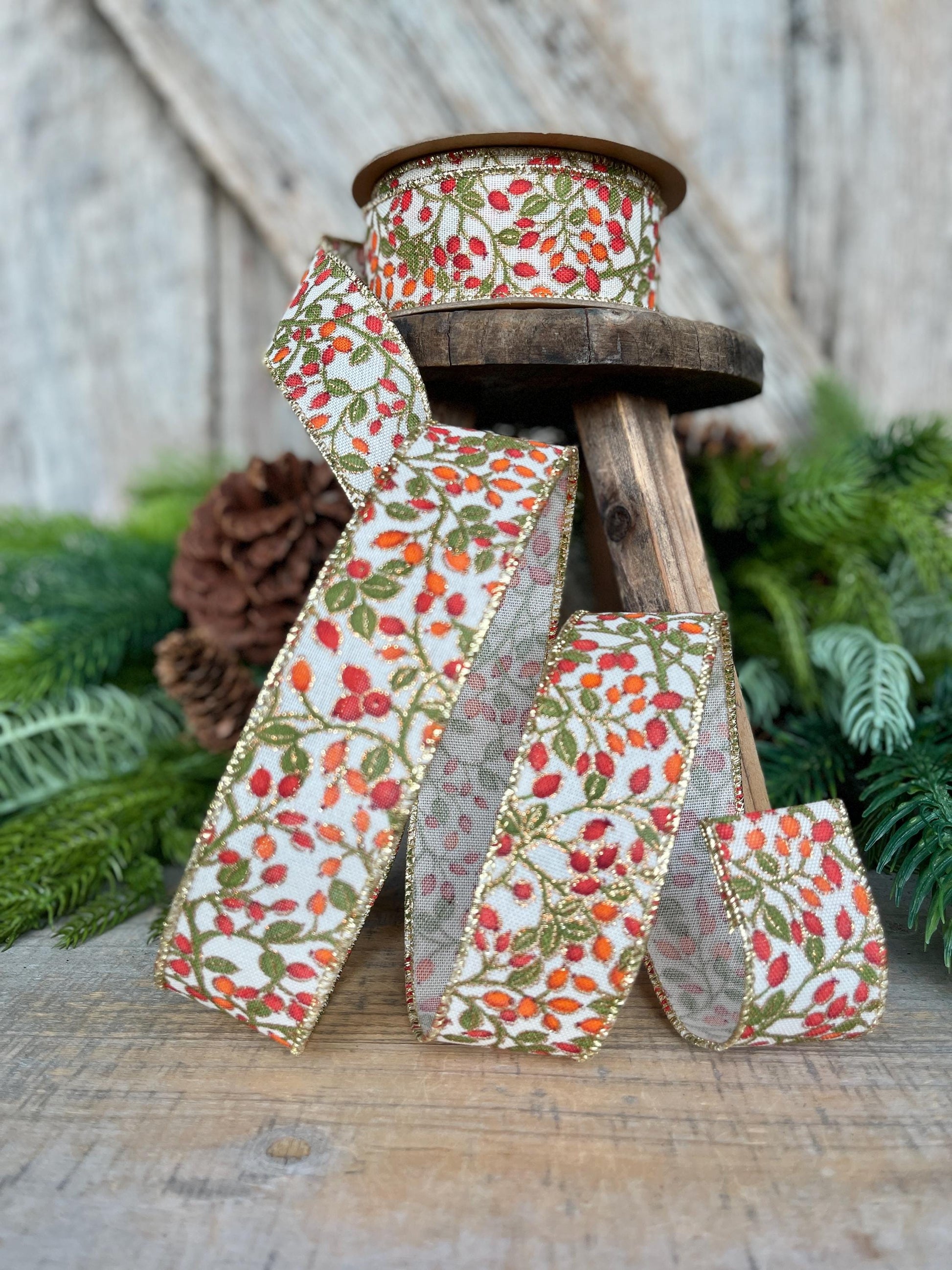 1.5" Fall Berry Ribbon, Fall Ribbon, Wired Ribbon, Orange Berry Ribbon, Autumn Ribbon